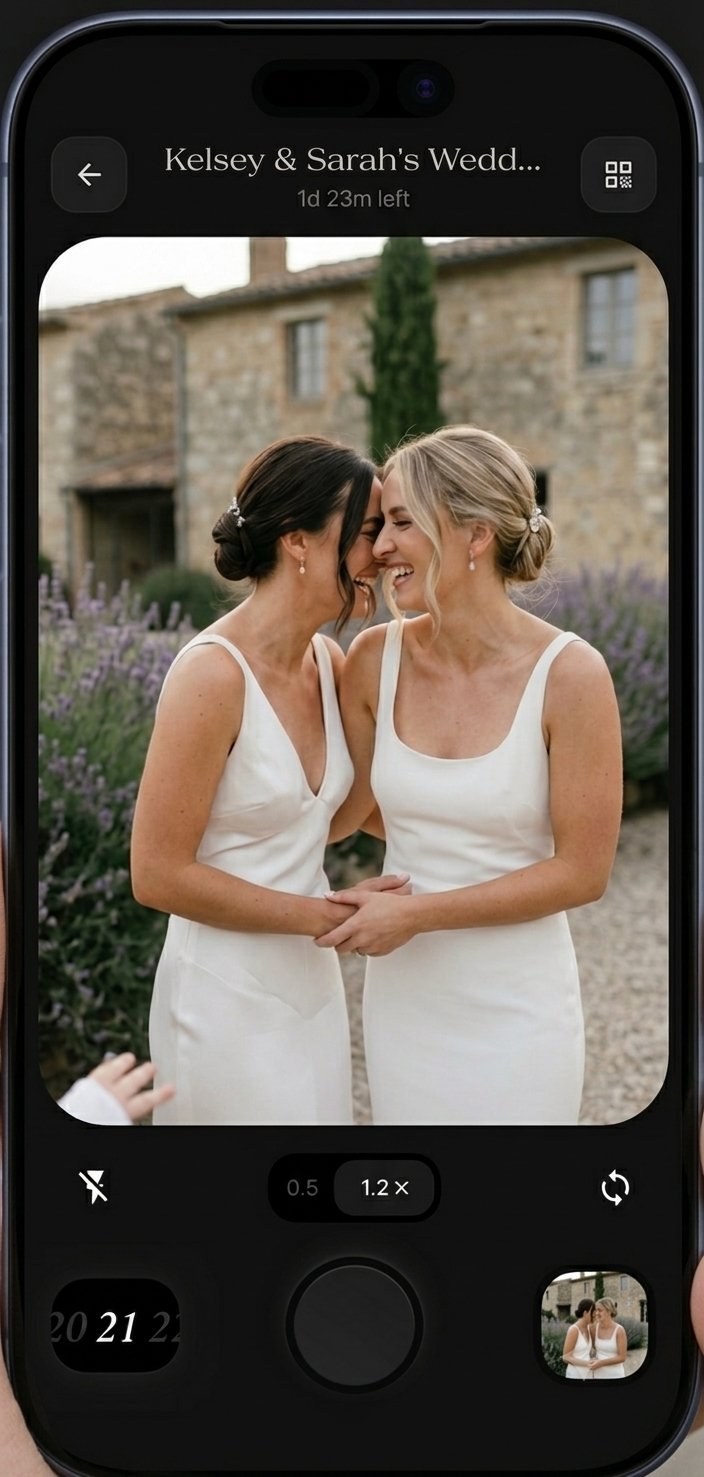 Folio app camera viewfinder showing two brides at their wedding