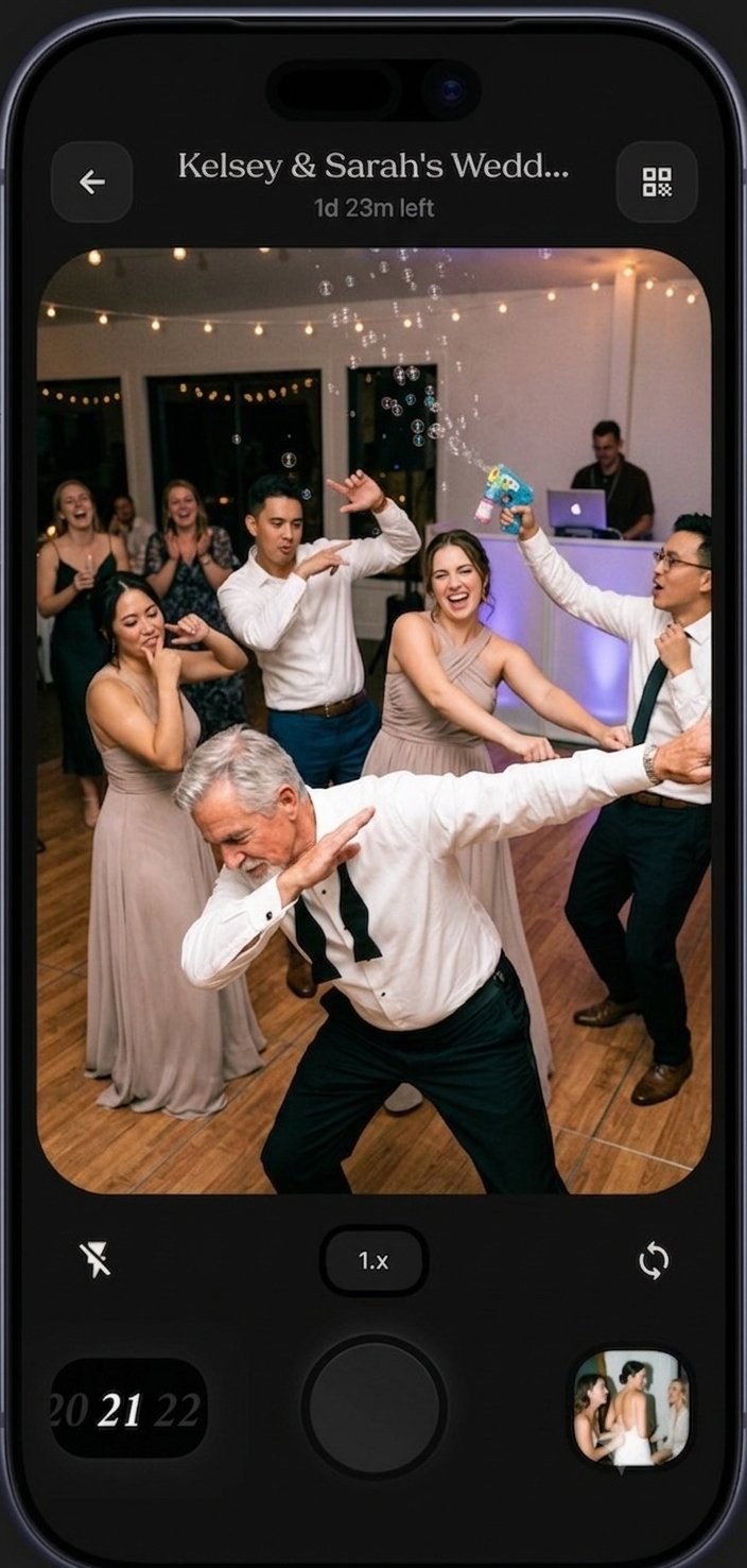 Folio app camera viewfinder capturing wedding dance floor energy